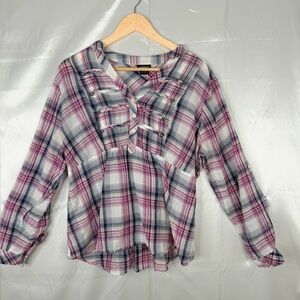 Torrid Plaid Button Front Roll Tab Sleeve Blouse Purple Navy White Sz 0 (12/14)